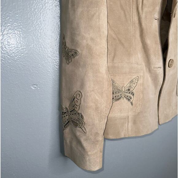 Together Vintage Leather Suede Jacket Butterfly Print Neutral Tan/Beige Size 12 - Picture 3 of 9